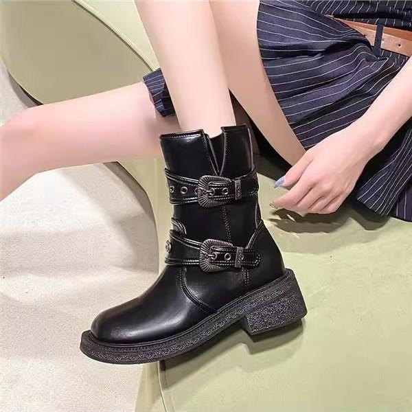 Knight boots women's autumn and winter new square head thick-soled belt buckle side zipper thick heel versatile boots