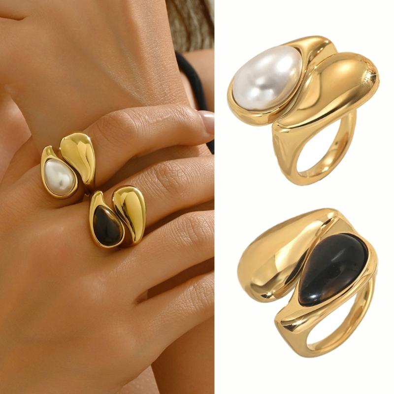 Simple Adjustable Opening Rings Fashion Geometric Pearls Rings Copper Texture Suitable for Wedding and Parties Wear