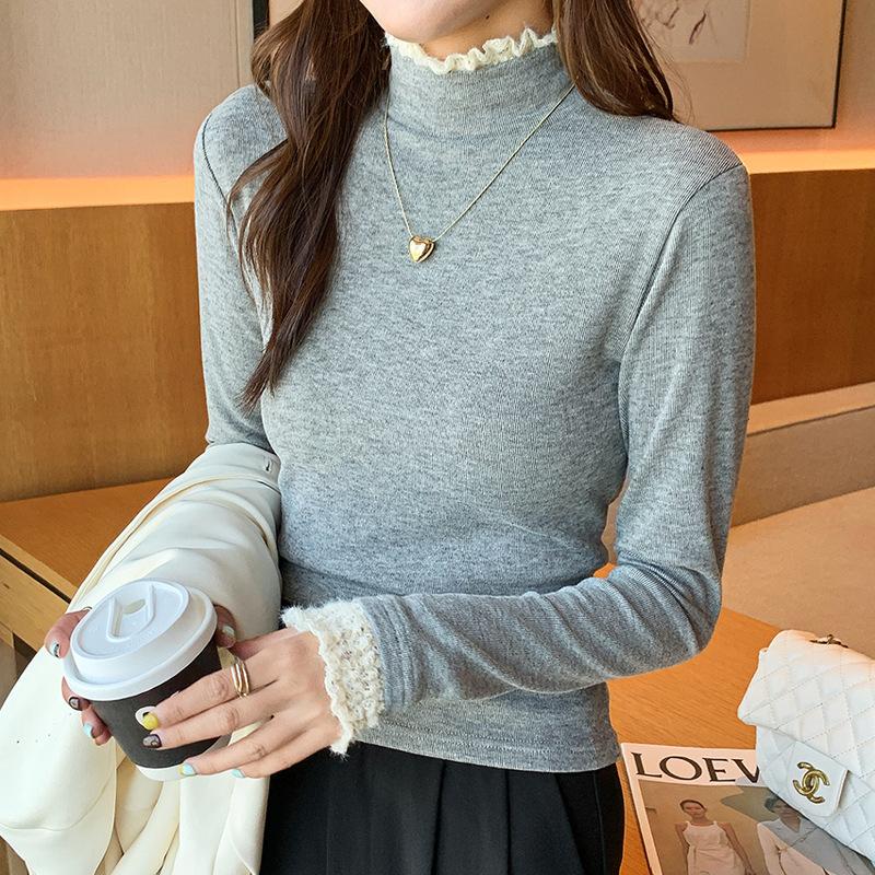 Lace Trim Semi High Neck Base Layer Women Autumn Winter Ribbed Sweater Embroidered Knit Top Inner Wear Shirt