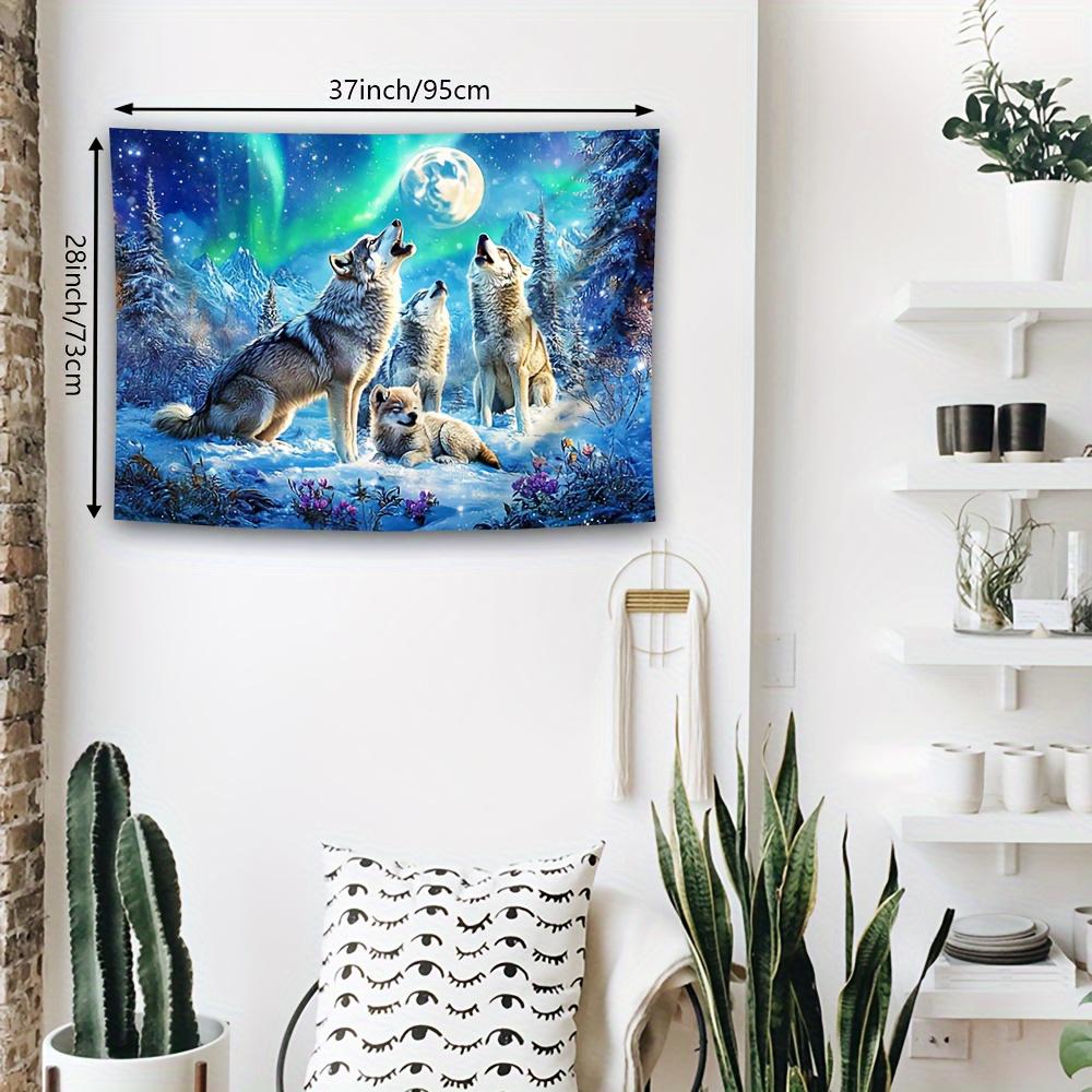 Wolf Tapestry Wall Hanging, Wolves Howling At Full Moon With Aurora Borealis, Snowy Mountain Landscape Tapestry For Living Room