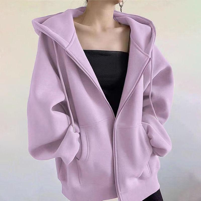 Autumn Winter Women's Fleece Sweatshirt Thickened Hooded Zip-up Loose Sweatshirt