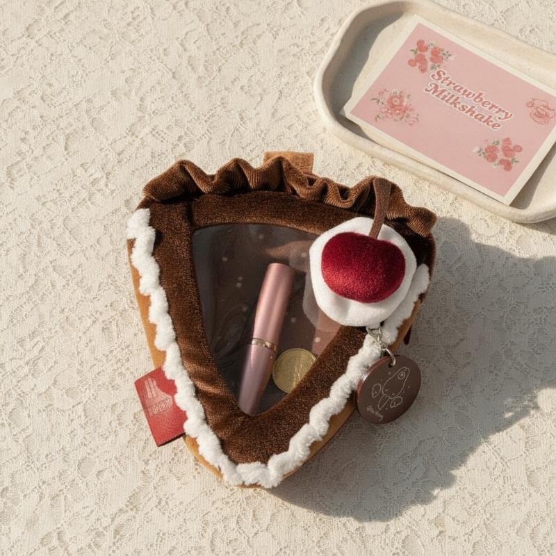 1Pcs Cute Storage Pouch Strawberry Cake Baby Bun Display Bag With Clear Window & Heart Keychain Charm For Anime Kpop Merch Decor