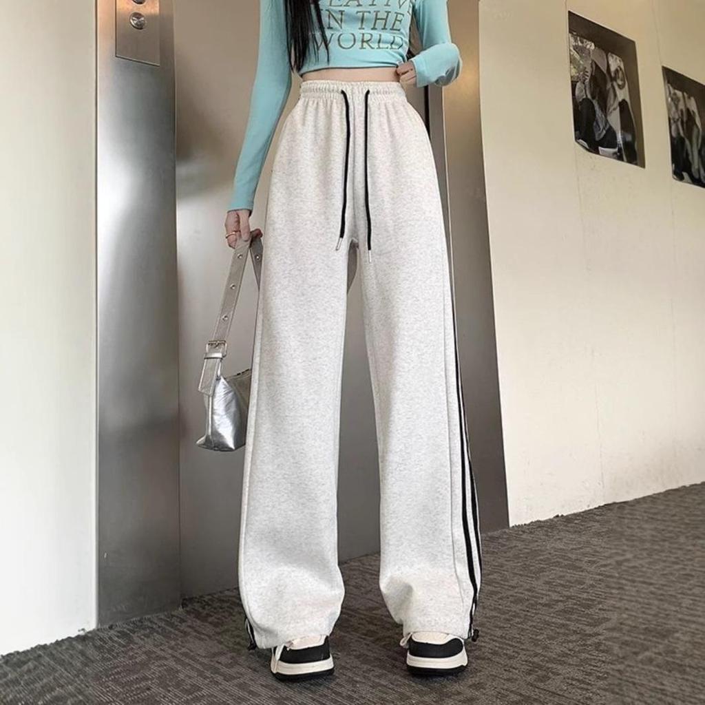Women's American-Style High-Waisted Wide-Leg Striped Sweatpants for Spring/Autumn