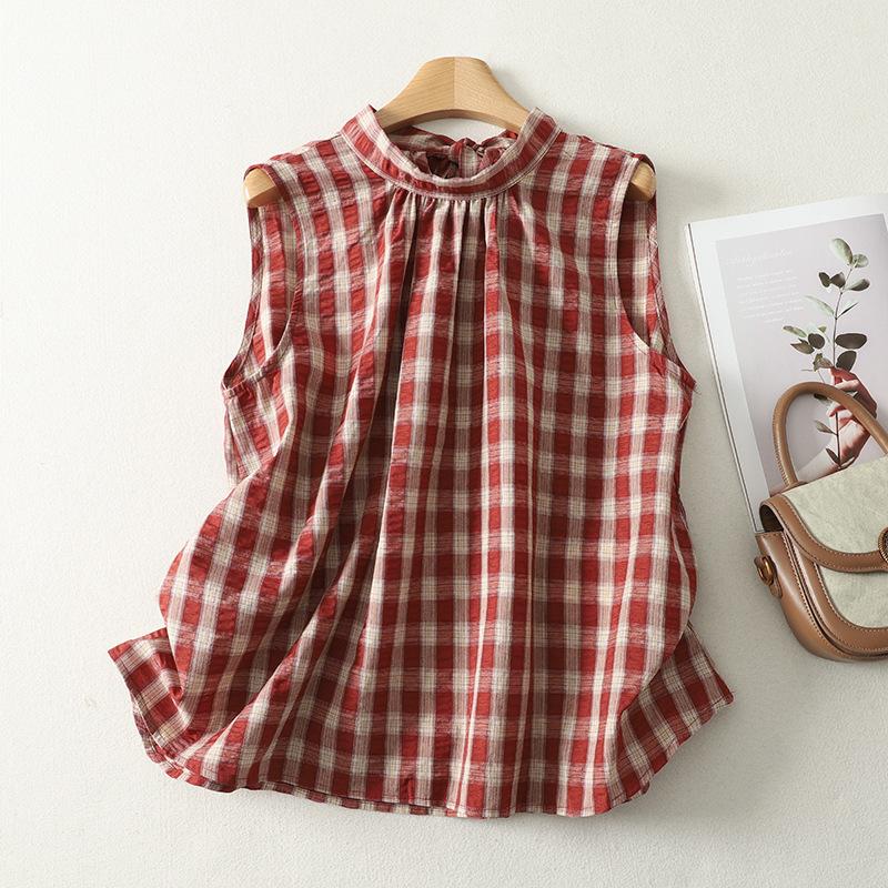 Red Plaid Sleeveless Loose Lace Up Stand Collar Casual Women Blouse M
