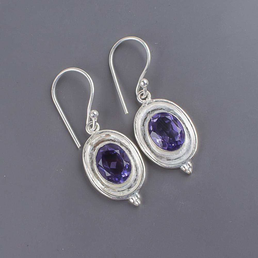 Natural Iolite Gemstone 925 Stamped Silver Handmade Jewelry Drop Earrings 1.50" For Birthday Gift EE-1-5