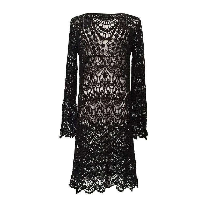 Women's Long Sleeve Crochet Beach Cover-up Dress