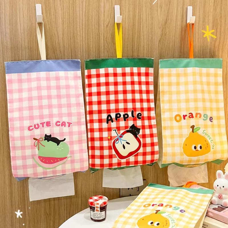 Hanging Tissue Storage Bag Cartoon Checkered Non-slip Tissue Holder Space Saving for Kitchen Pantry Bathroom Wall