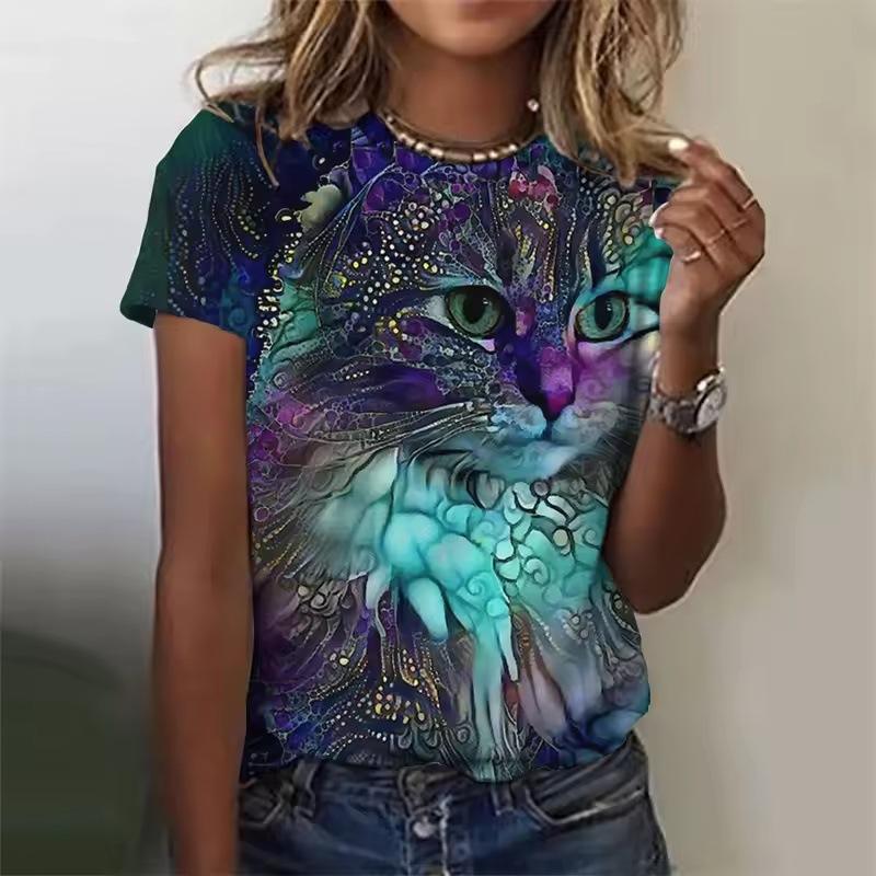 Summer Round Neck 3D Cat Pattern Print Top Fashionable Casual Short Sleeved Women's T-shirts