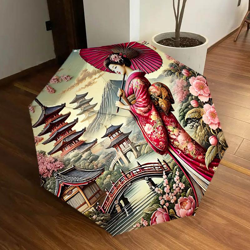1 ks Deštník Geisha s květy, automaticky skládací - Kompaktní design s 8 žebry, odolný plast a železo, lehký pro venkovní každodenní použití, slavnostní dárek062