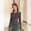 Black and Gray Striped Slanted Shoulder Off-the-shoulder Long-sleeved Bottoming T-shirt for Women's Early Autumn Wear with Pleated Slim-fitting Top