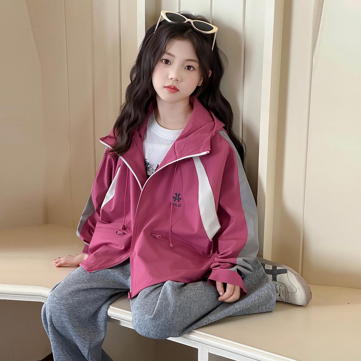 

Стильный демисезонный ветрозащитный плащ для девочек 2025 - Модная повседневная куртка свободного кроя для детей 140 cm роза розовый