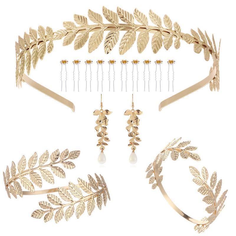 European and American Bride Leaves Headband Greek Baroque Style Golden Leaf Bridal Armband Pearl Earrings