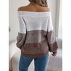 QICED Autumn and Winter Casual Color-blocked Off-the-shoulder Lantern Sleeve Pullover Sweater for Women