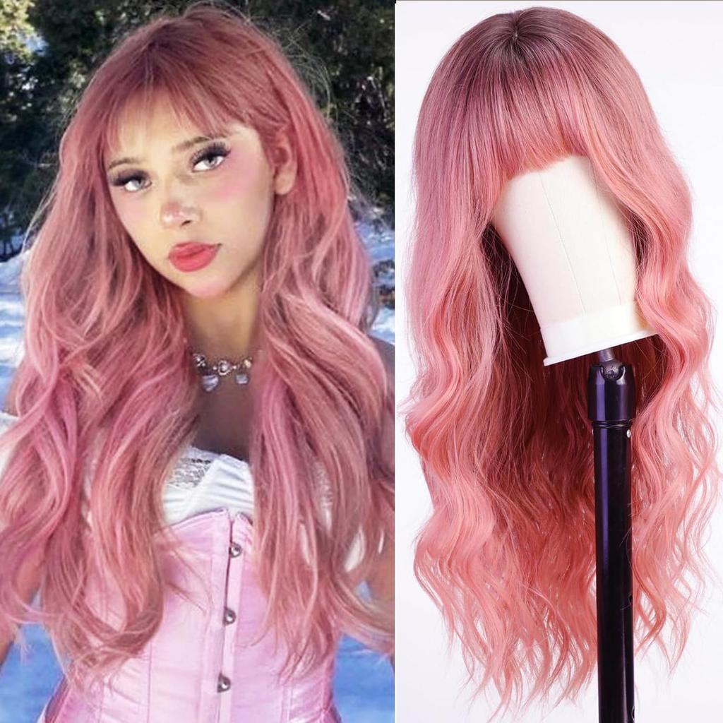 Cross-Border Water Wave Wigs European American Women's Fashionable Synthetic Hair Wig Brown Gradient Color Bangs Long Curly Hair