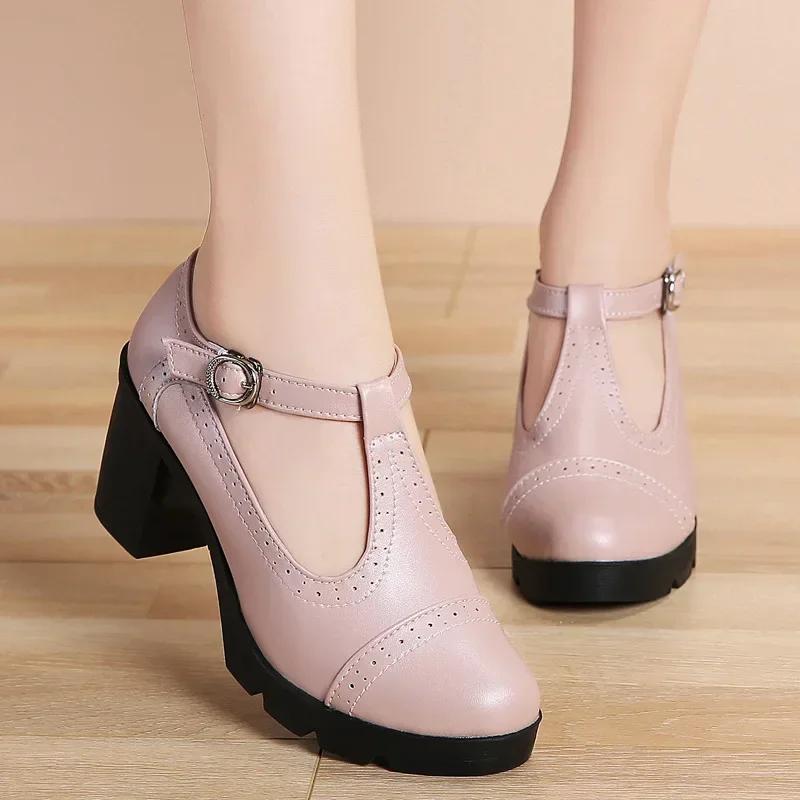 Modă Modă Stil Britanic Pantofi Mary Jane cu Vârf Rotund Piele Decupată Tocuri Pătrate Platformă Retro Pantofi de Dans pentru Femei