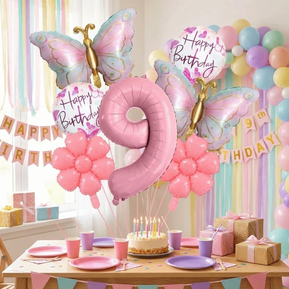 Palloncini Numerici Farfalle Rosa Materiale Foil Palloncini Fiore Happy Birthday 1-9 Palloncini Foil Forniture per Feste di Compleanno
