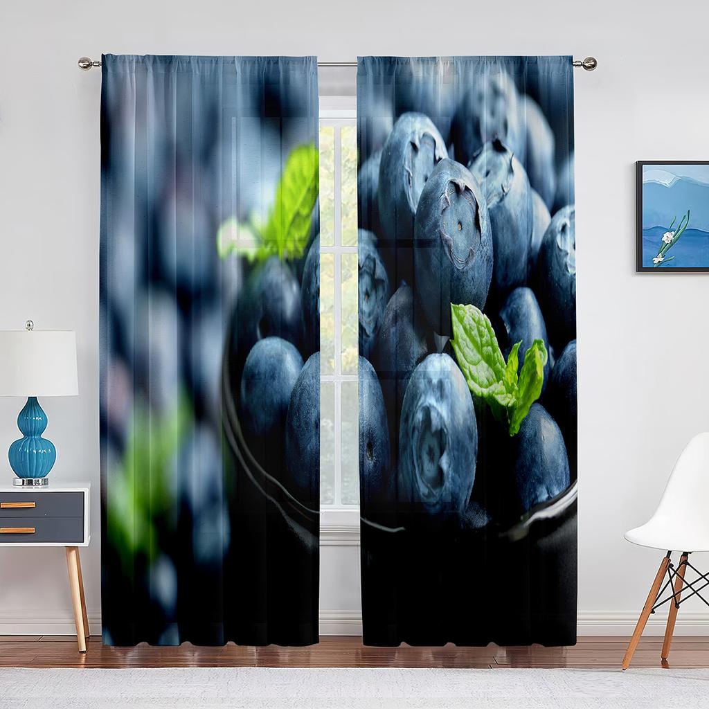 Blueberries Fruit Green Leaf Tulle Curtains for Living Room Bedroom Decoration Chiffon Sheer Voile Kitchen Window Curtain Drapes