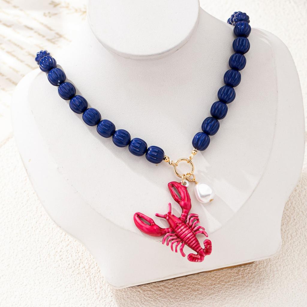 ZA Ocean Resort Wind Alloy Dripping Lobster Pendant Beaded Necklace Versatile Beach Wind Jewelry