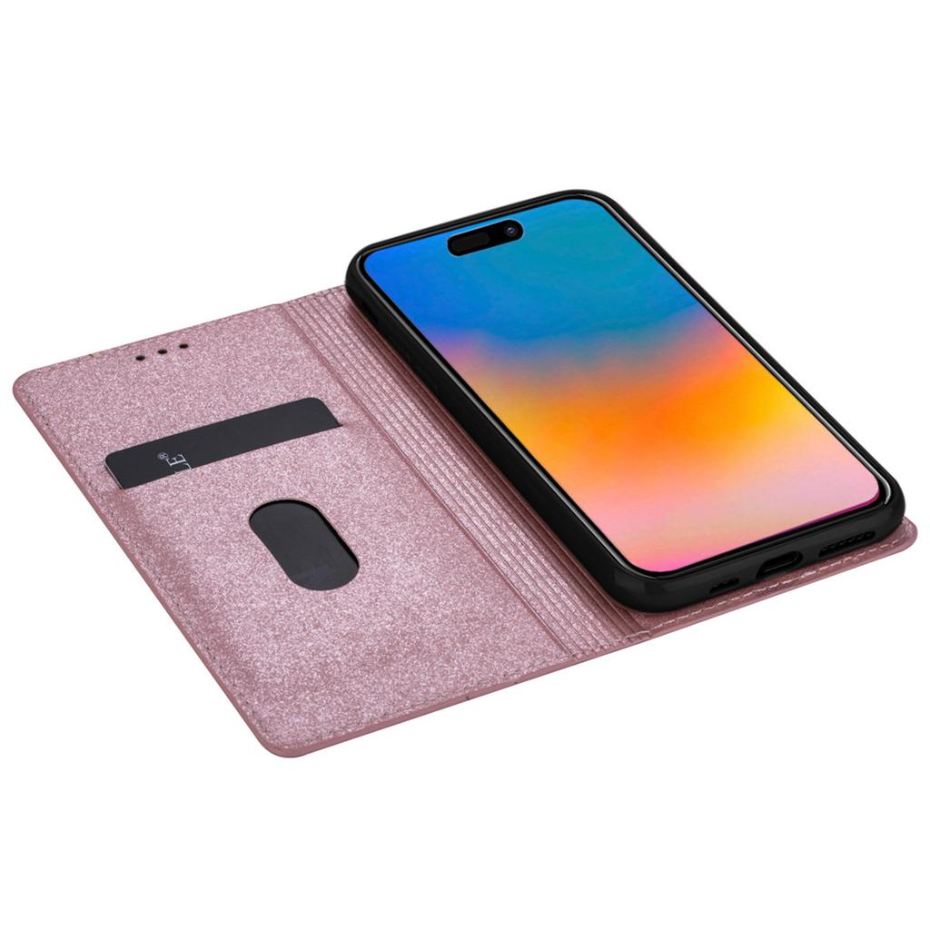 Applicable to Apple 15 glitter magnetic suction multi-card leather case 15pro women's glossy protective case 16pro card case