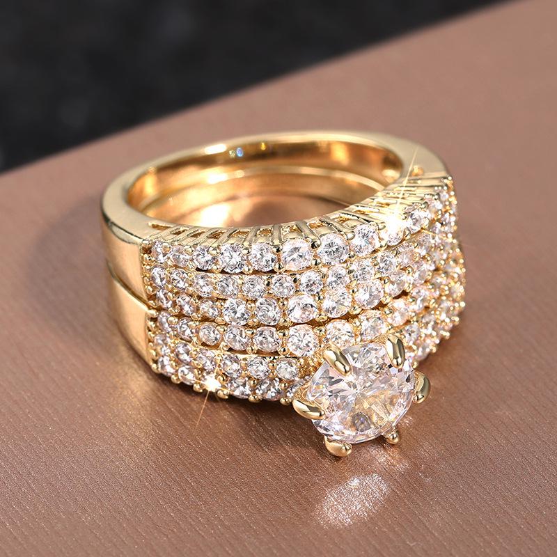 Cao Shi Zircon Inlaid Luxury Couple Rings: Women's Engagement & Wedding Fashion Accessories, Shiny Style Two-Piece Set.