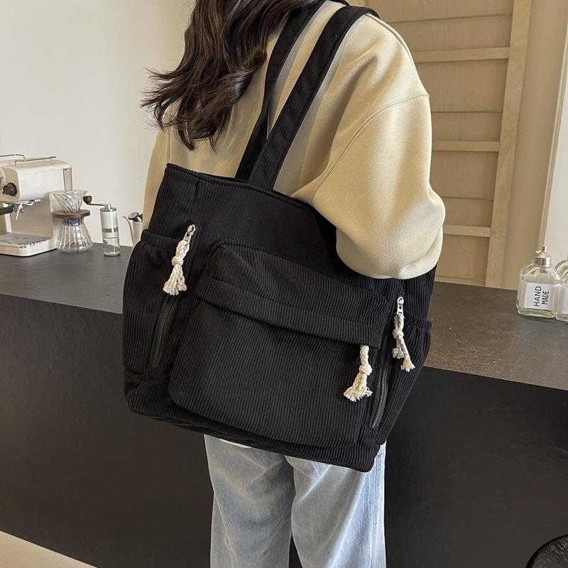 Corduroy Shoulder Bag with Button Pocket and Multiple Zippered Compartments Large Capacity Tote Bag for Everyday Use