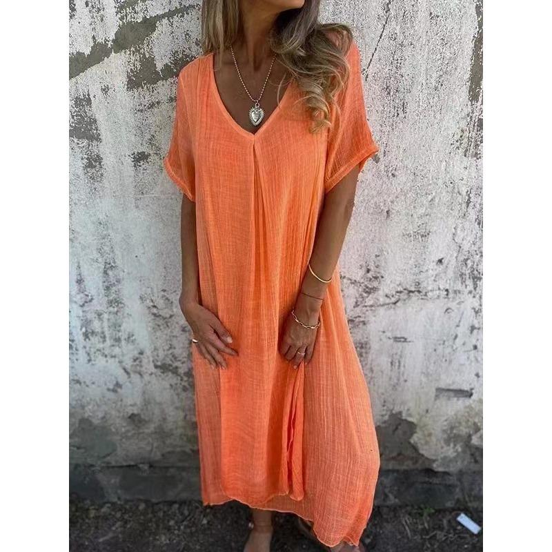 IHUASU Fashion Summer Spring Solid Color Print Short Sleeve V-Neck Casual Dresses