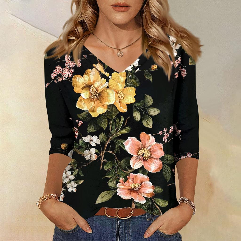 Women's V-Neck Three-Quarter Sleeve Small Floral Print Blouse - Loose Fit Casual Top for Summer