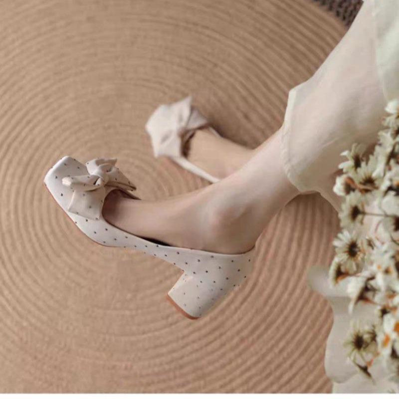 Red French-style high-heeled shoes for women, square-toe, elegant shallow-cut with bow, chunky heel pumps