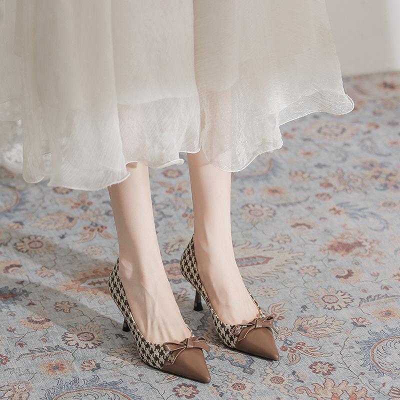 83846 single shoes women's spring and summer new thousand bird grid fashion temperament thin heel shallow bow 7cm high heels