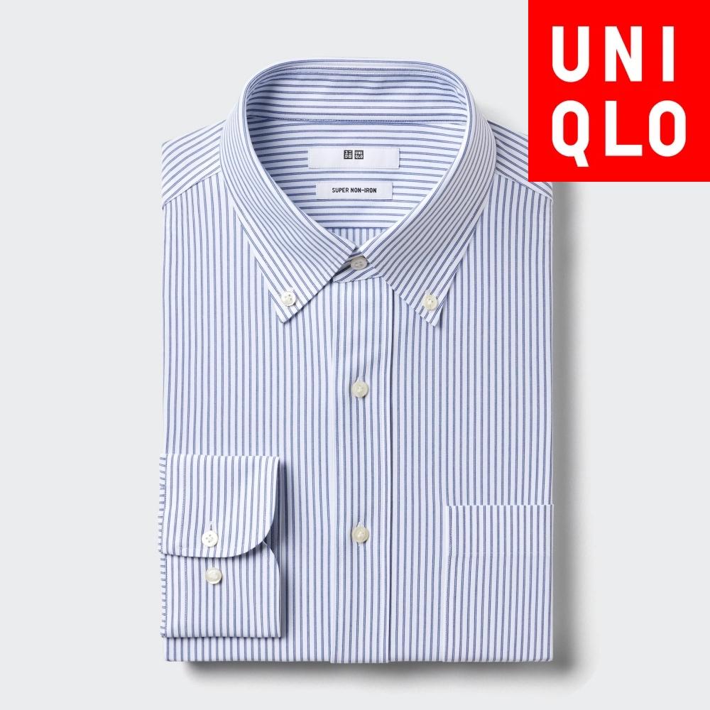 

UNIQLO Super Non Iron Jersey Рубашка с длинным рукавом и воротником на пуговицах в полоску A 66 BLUE/Men S