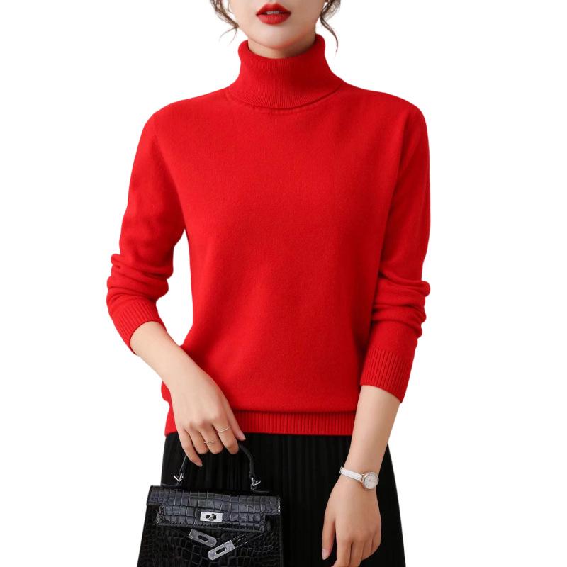 Women's Pure Wool High Neck Sweater - Loose, Slimming, Solid Color, Autumn/Winter Base Layer