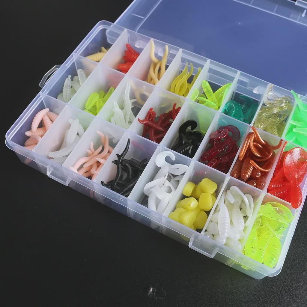 Anmuka Mixed Soft Bait Box: Mealworms, Bloodworms, Earthworms, Shrimp - Single/Double Tail (285/190 Pcs)