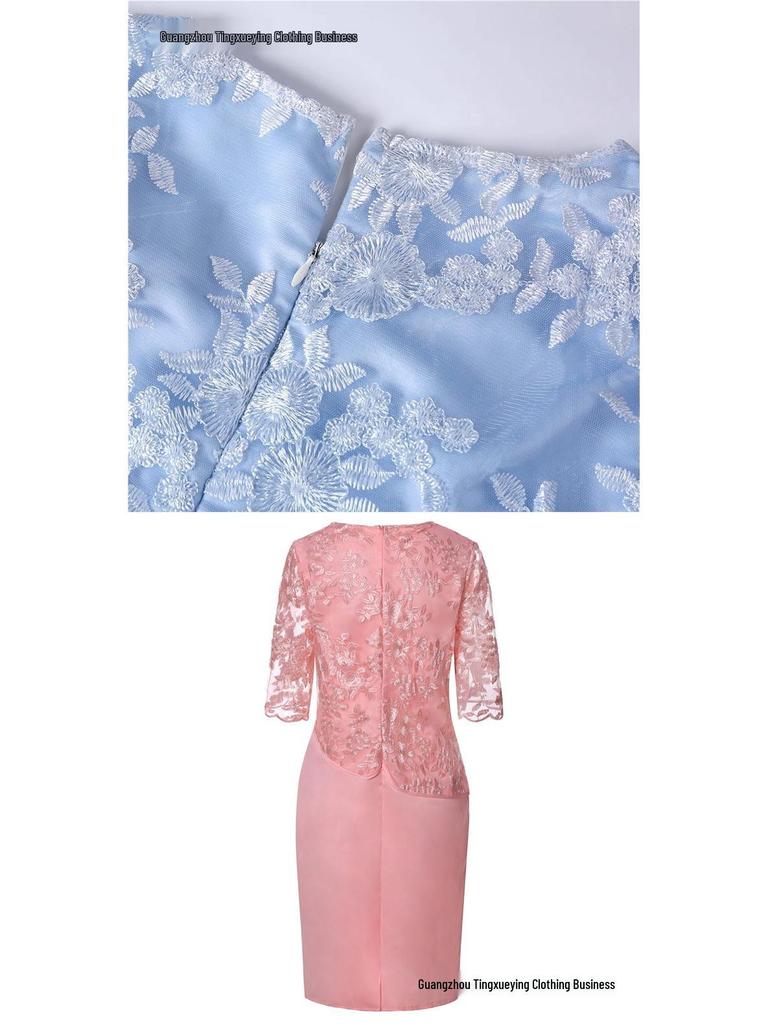 Abendkleid in Übergröße, himmelblau, mit Spitzenpatchwork, Fünf-Ärmel, für Damen