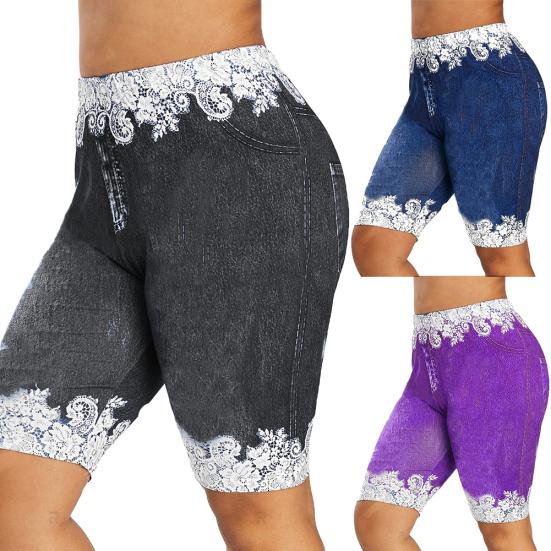 Women Fashion Lace Patchwork High Waist Leggings Denim Shorts Sports Minipants
