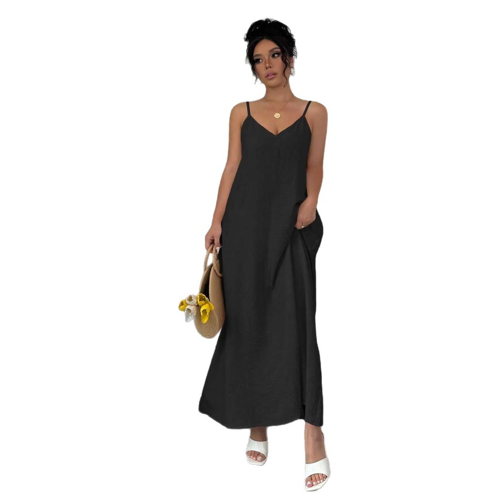 European and American Popular Elegant Black Solid Color Suspender Dress Sleeveless Vacation Style Long Dress