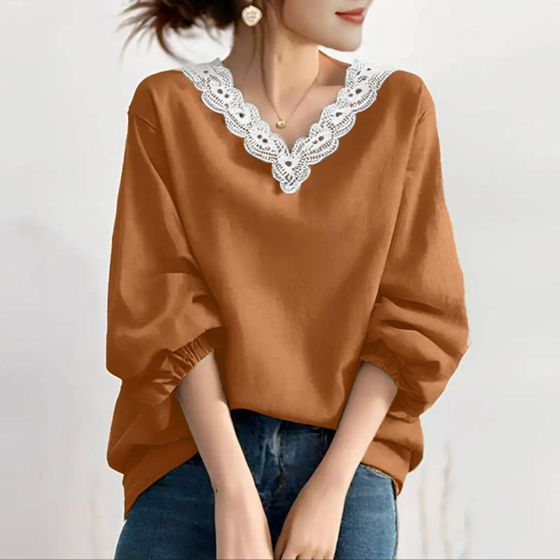 ZANZEA Women Lace Splice V-neck Casual Long Sleeve Blouse