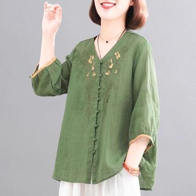 Retro Cotton and Linen Shirt Three-quarter New Artistic Embroidered Shirt Loose Top