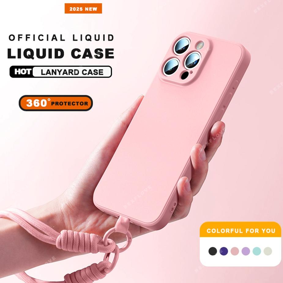 

Чохол-шнурок для телефону для iPhone 16E 16 14 15 Plus 12 13 Mini 11 16 Pro X XR XS Max SE Захисний чохол з рідкого силікону з ремінцем For iPhone 16E