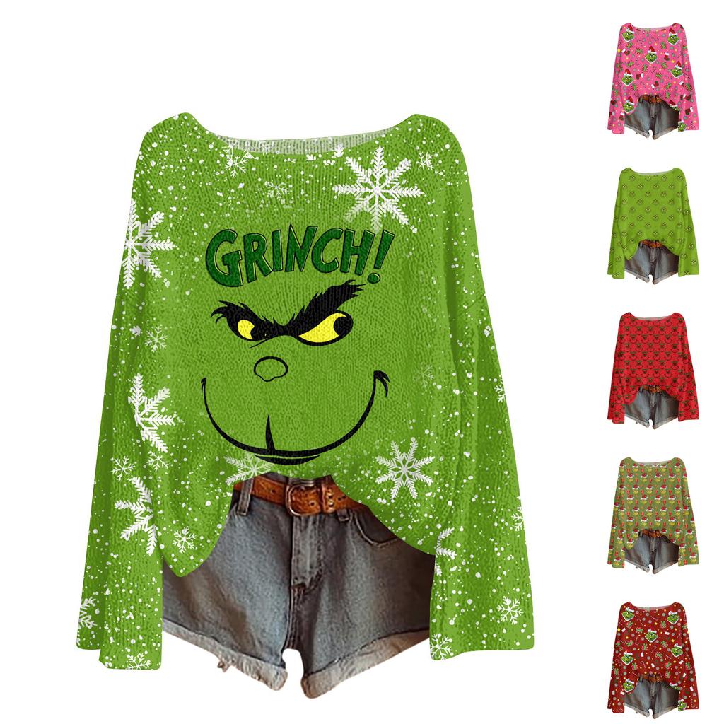 Women's Round Neck Lightweight Sweater Casual Long Sleeve Christmas Print Knit Pullover.