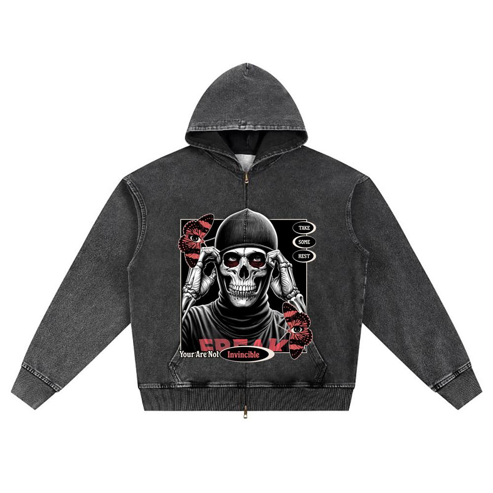 DTG Print Knitted Denim Zip-Up Hoodie Skull Graphic Brother Print Zipper Hoodies  