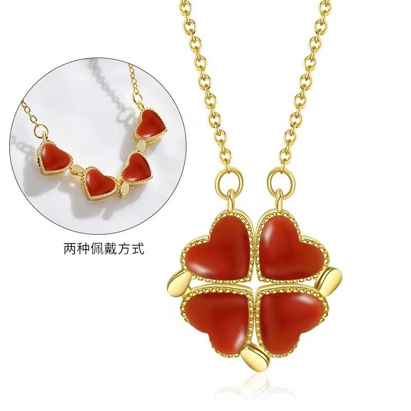Captivating Titanium Steel Four Leaf Clover Heart Necklace Enhanced With Gold For A Dazzling Look