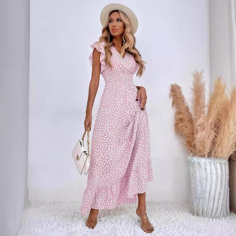 Printemps Été Col en V Taille Haute Robe Décontractée Imprimée Manches Courtes Volantées Élégante Femme Taille Haute A-ligne Fête Robe Longue Vêtements Amples pour Femmes