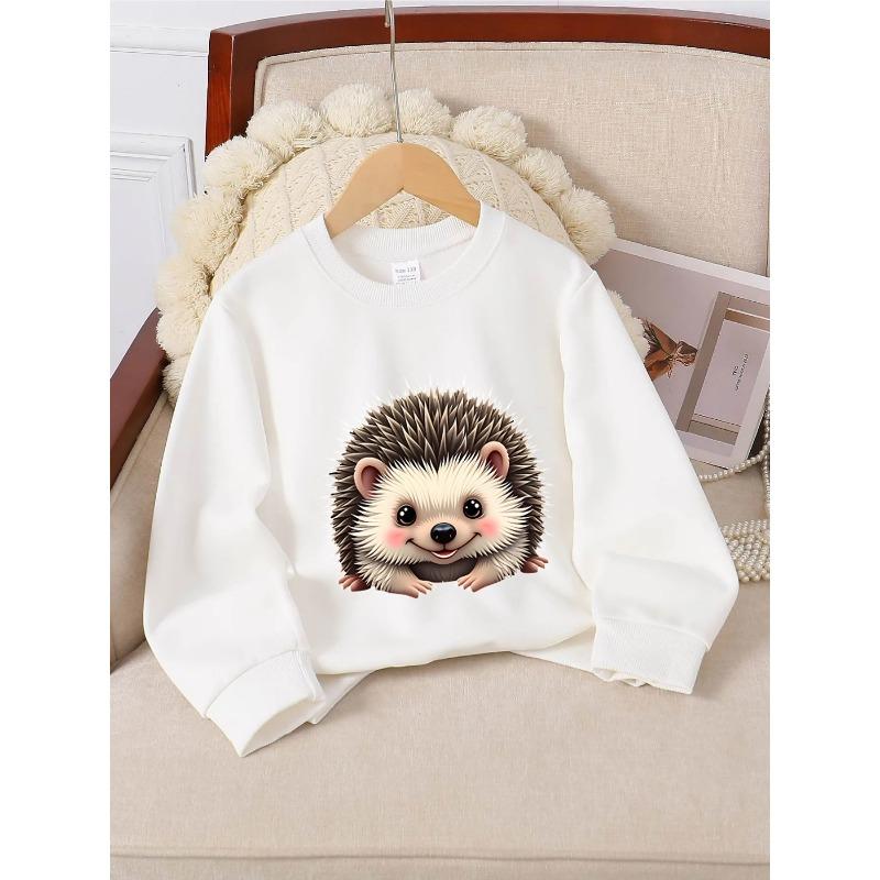 Girls' Crewneck Sweatshirt - Cute Hedgehog Face Pattern Print Machine Washable, Spring And Autumn, Sportswear And Casual Wear