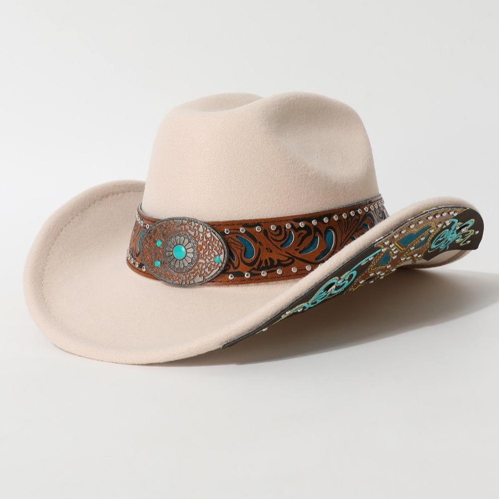 Turquoise Decor Wide Brim Sun Hat Embossed Band Cowgirl Hat Stage Performance Hat For Women Man