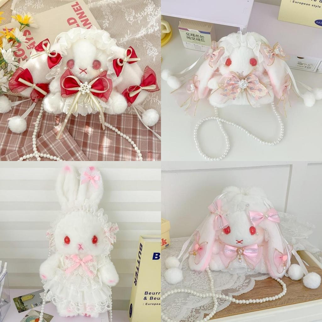 Cute Lolita Plush Bunny Backpack With Butterfly Bow For Girls Daily Use