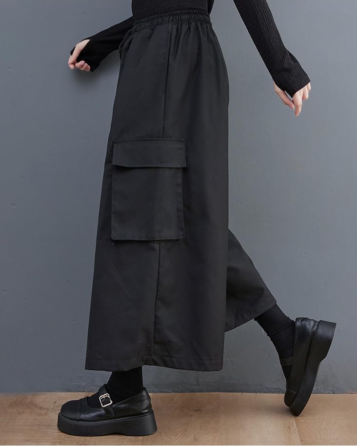 KOXIFLI Hakama Cropped Elastic Plus Winter Women's Wide-Leg Pants, Length, Black, Waist, Sizes, Spring, Autumn, (Size M, Black)