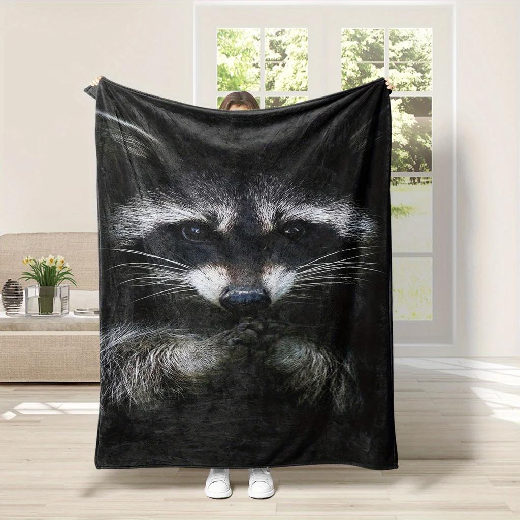 1pc Raccoon Animal Pattern Flannel Blanket, Warm Cozy Soft Throw Blanket For Couch Bed Sofa Camping
