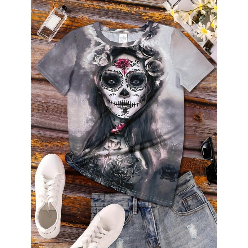 Portrait Flower Print Round Neck Halloween T-shirt S
