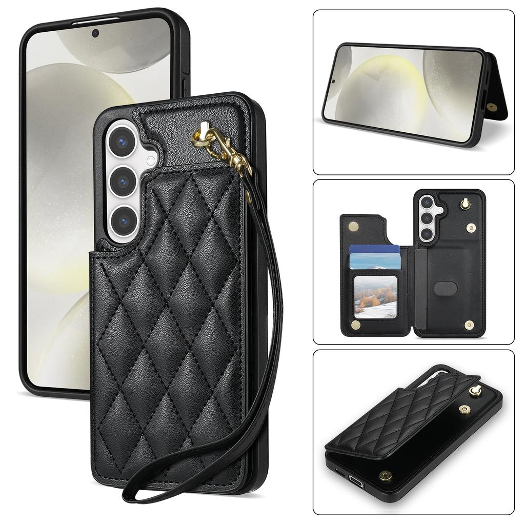 For Samsung Galaxy S24 Case with Wrist Strap Card Slots Rhombus Leather+TPU Phone Cover