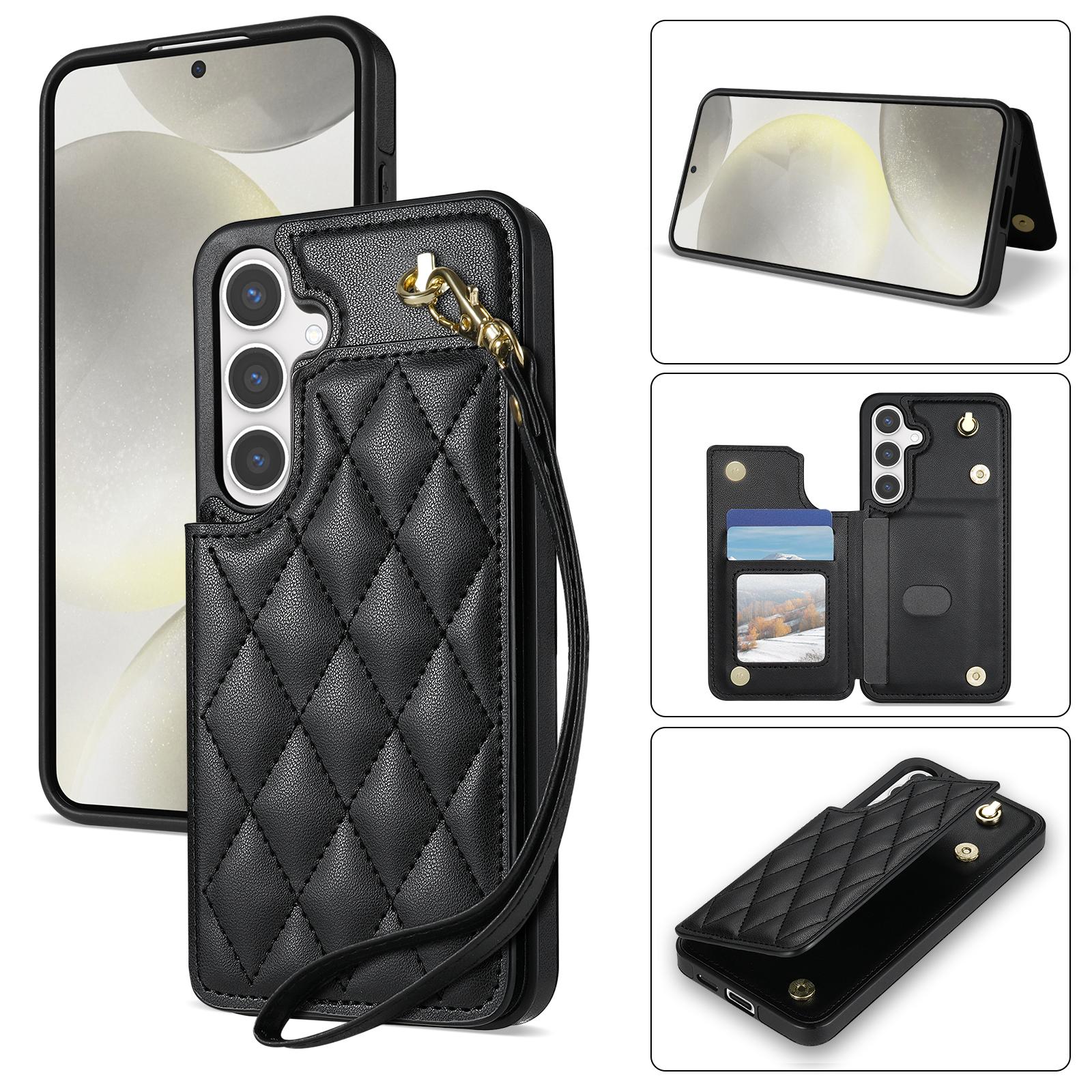 

For Samsung Galaxy S25+ Case with Wrist Strap Card Slots Rhombus Leather+TPU Phone Cover Black